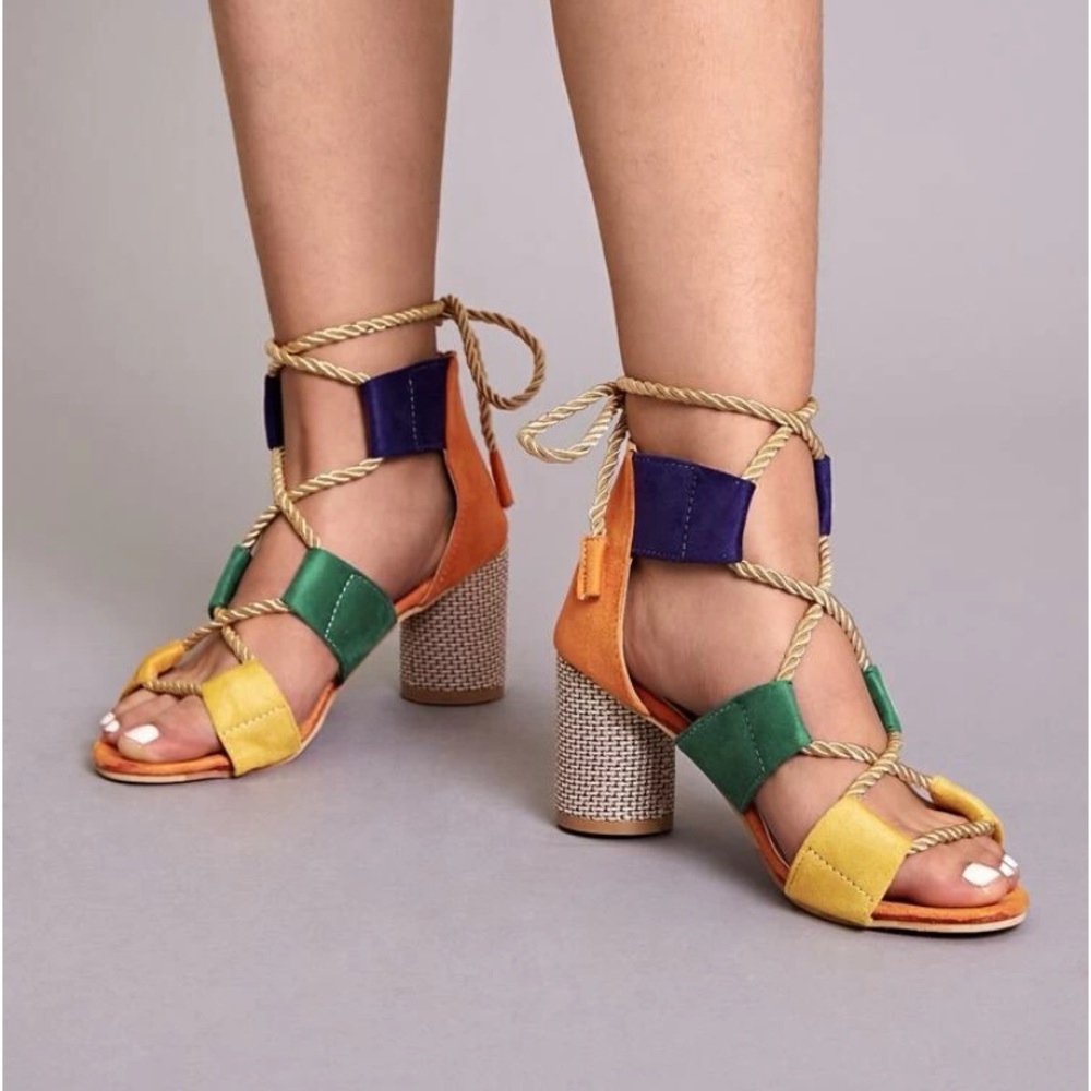 Colorblock lace up strappy wrap sandal heel